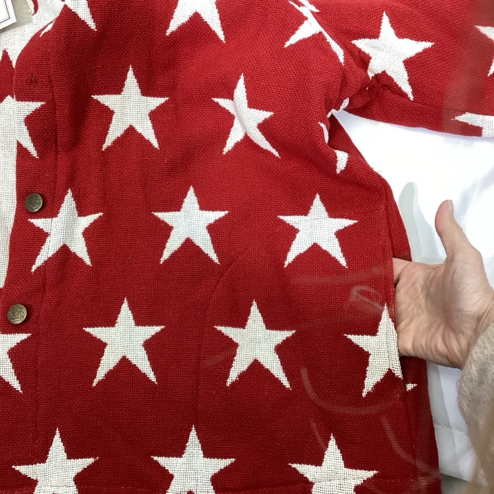 New Quacker Factory Red with White Stars Button Up Woven Jacket 2X Patriotic - Picture 12 of 13